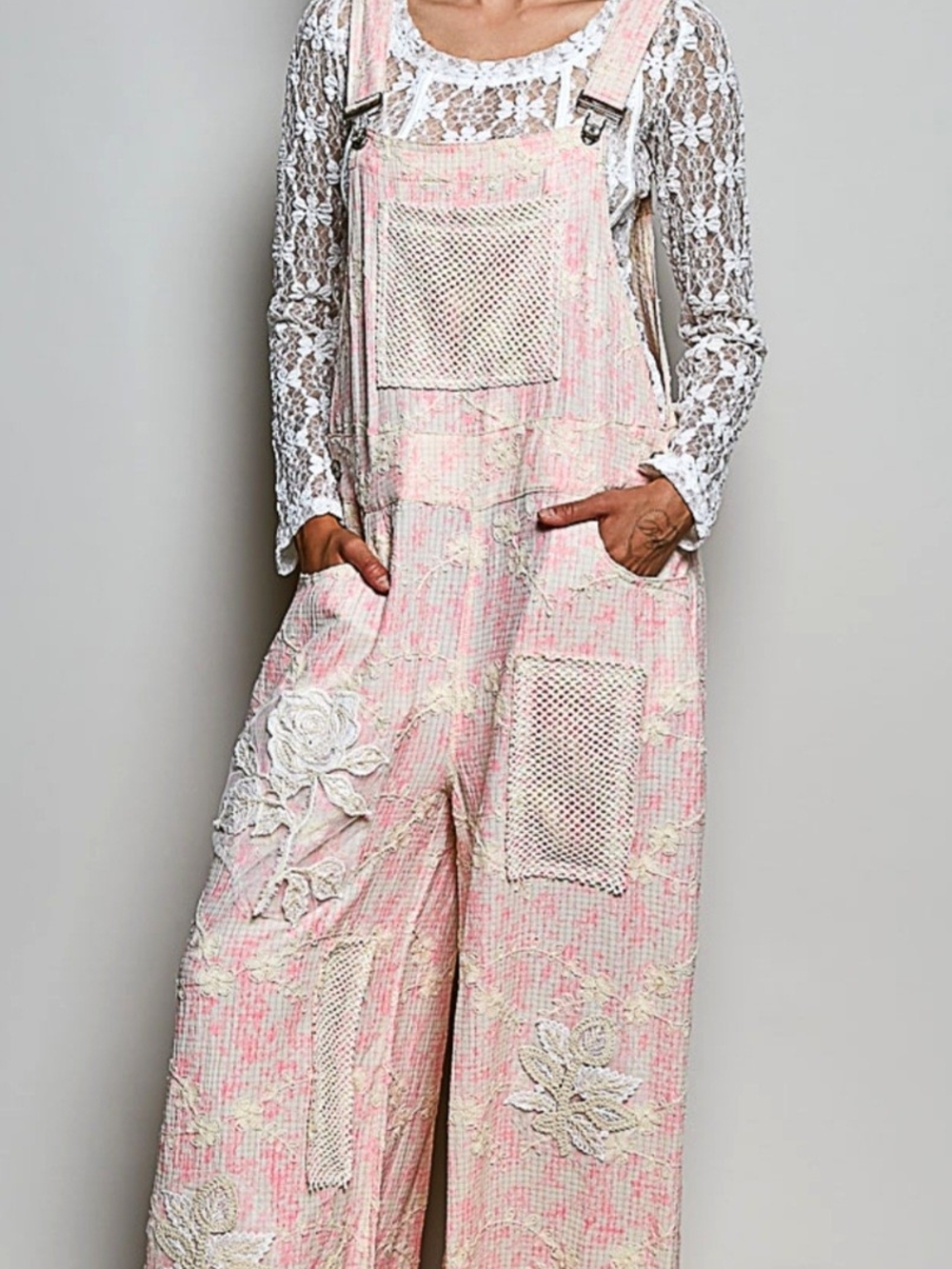 POL Pink Lace-Appliqué Embroidered Overalls - Picture 2 of 11